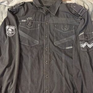 Affliction Dark Gray stripped Button-Up Shirt with Embroidered Details
